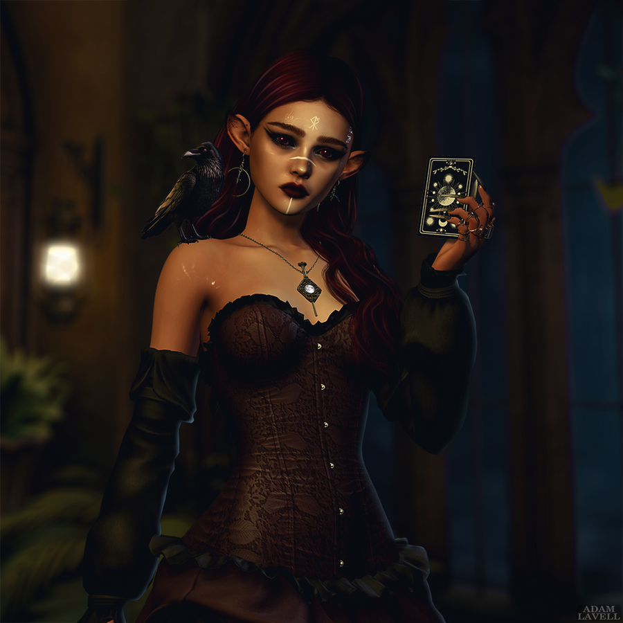 Photo of Autumn in a purple medieval gown holding the Moon Tarot card in her left hand. A raven perches on her right shoulder.